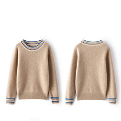 Women's Crewneck Cashmere Sweater with Contrast Stripe Trim