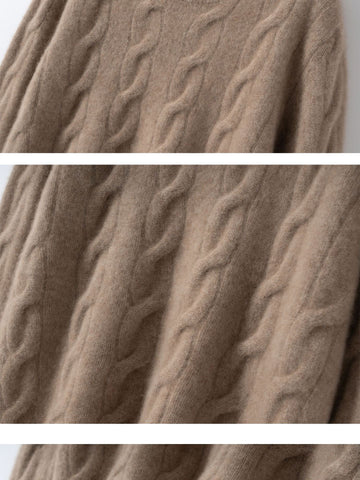 100% Cashmere Cable Knit Crew Neck Relaxed Fit Pullover Sweater with Ribbed Cuffs