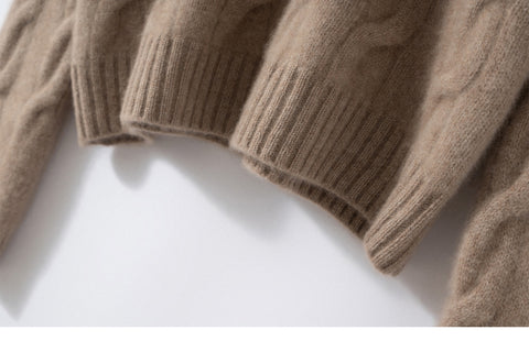 100% Cashmere Cable Knit Crew Neck Relaxed Fit Pullover Sweater with Ribbed Cuffs