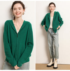 Soft Knit Jacket with Pockets Hooded  Zip Up Cashmere Cardigan