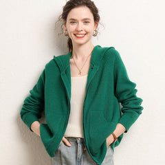 Soft Knit Jacket with Pockets Hooded  Zip Up Cashmere Cardigan