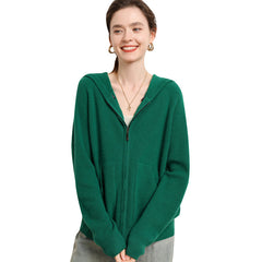 Soft Knit Jacket with Pockets Hooded  Zip Up Cashmere Cardigan