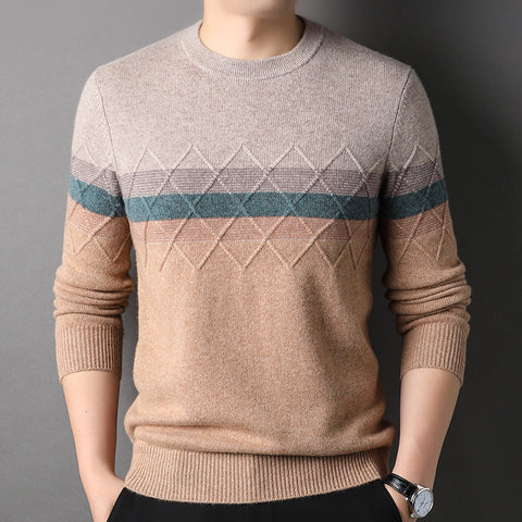 100% Pure Cashmere Sweater for Men Mixed Stripe Crew Neck Long Sleeve Cashmere Sweater