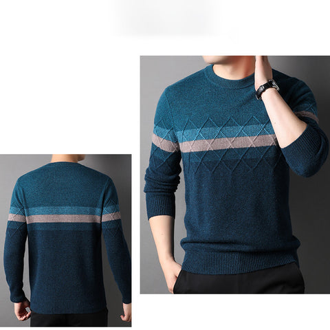 100% Pure Cashmere Sweater for Men Mixed Stripe Crew Neck Long Sleeve Cashmere Sweater