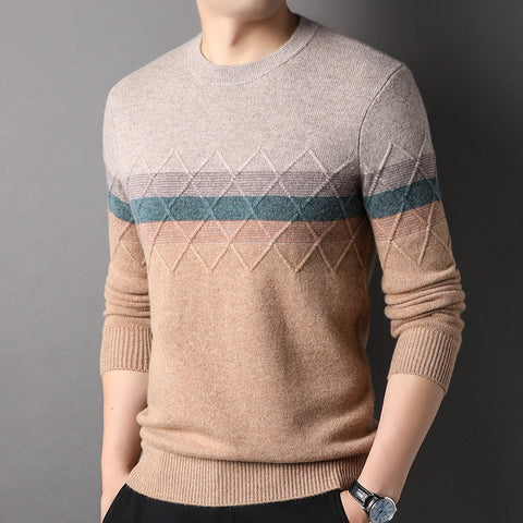 100% Pure Cashmere Sweater for Men Mixed Stripe Crew Neck Long Sleeve Cashmere Sweater