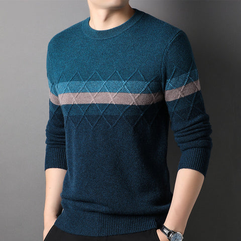 100% Pure Cashmere Sweater for Men Mixed Stripe Crew Neck Long Sleeve Cashmere Sweater