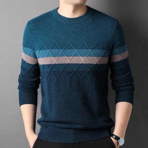 100% Pure Cashmere Sweater for Men Mixed Stripe Crew Neck Long Sleeve Cashmere Sweater