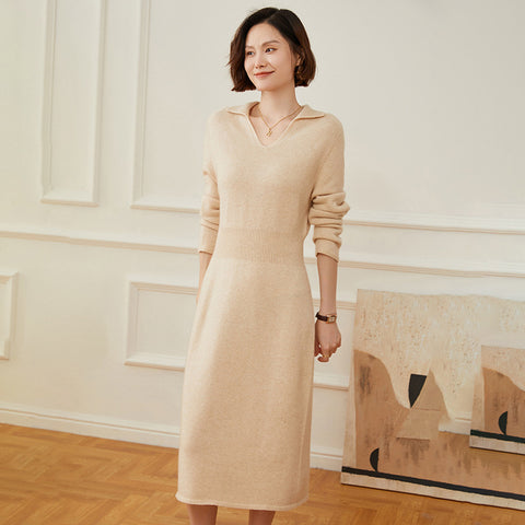 Women's Cashmere Dresses Long V Neck Cashmere Dresses