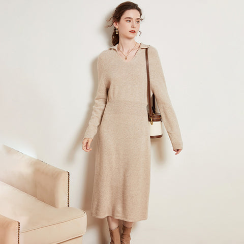 Women's Cashmere Dresses Long V Neck Cashmere Dresses