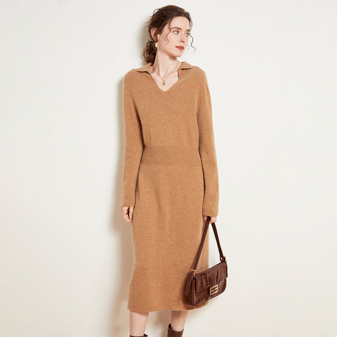 Women's Cashmere Dresses Long V Neck Cashmere Dresses