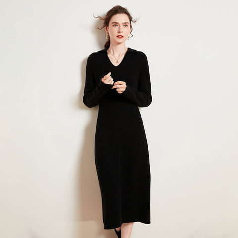 Women's Cashmere Dresses Long V Neck Cashmere Dresses