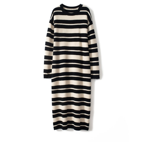 Women's Stripe Cashmere Dresses Long Cashmere Sweather Dresses