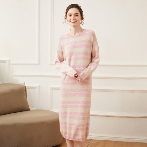 Women's Stripe Cashmere Dresses Long Cashmere Sweather Dresses