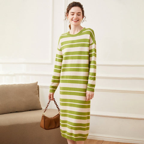 Women's Stripe Cashmere Dresses Long Cashmere Sweather Dresses