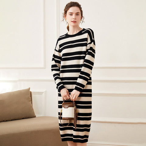 Women's Stripe Cashmere Dresses Long Cashmere Sweather Dresses