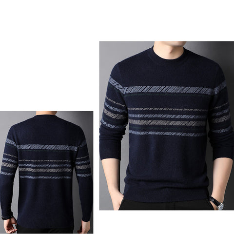 100% Pure Cashmere Sweater for Men Stripe Crew Neck Long Sleeve Cashmere Sweater