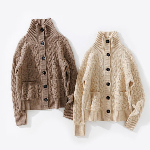 Women's Chunky Cable Knit Cashmere Cardigan Button-Up High Neck Sweater