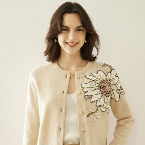 Women's  Crew Neck Floral Button-Up Embroidered Knitted Sweater Cardigan