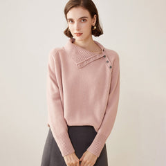 Asymmetric Button Detail Knit 100% Cashmere Turtleneck Sweater
