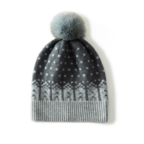 Fair Isle Cashmere Beanie with Fur Pom Pom Soft Keep Warm Knitted Cap