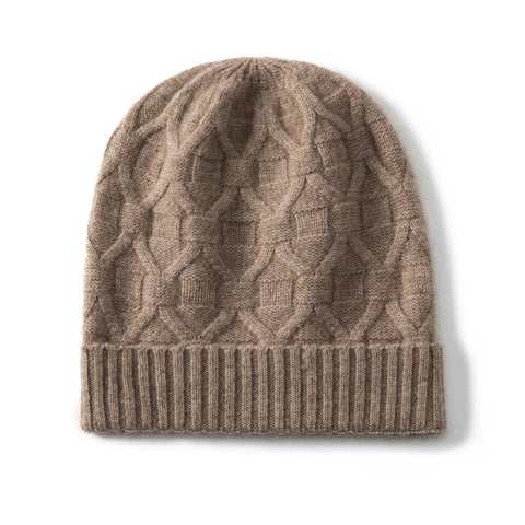 Pure Cashmere Geometric Knit Pattern with Ribbed Hem Beanie