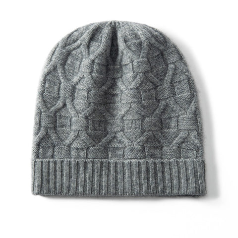 Pure Cashmere Geometric Knit Pattern with Ribbed Hem Beanie
