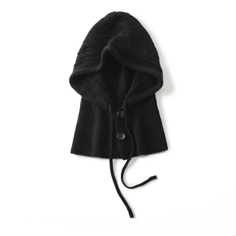 Warm Windproof Cashmere Hooded Hat Ribbed Knit Drawstring Beanie Cap