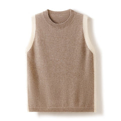 Cashmere Crew Neck Knitted Side Patchwork Pullover Sweater Vest