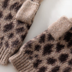 100% Cashmere Knit Half Finger Leopard Print Fingerless Gloves
