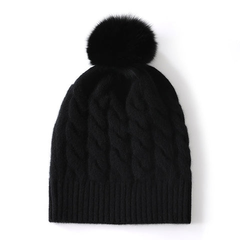 100% Cashmere Beanie Fur Pom  Pom Cable Knit Beanie Hat