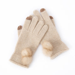 100% Cashmere Touchscreen Mittens Fur Gloves with Pom Pom