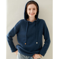 Women's Cashmere Wool Blend Ribbed Cuffs Pullover Sweater Hoodie