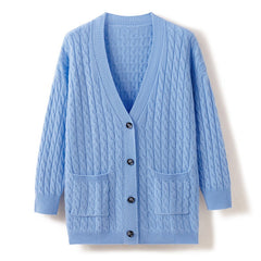 V-Neck Loose Coat 100% Cashmere Cable Knit Cardigan with Button