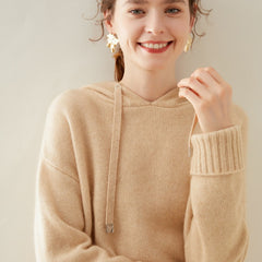 Women's Cashmere Wool Blend Ribbed Cuffs Pullover Sweater Hoodie