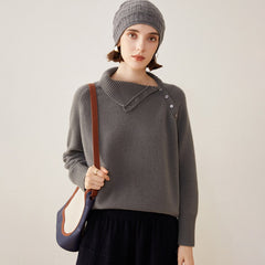 Asymmetric Button Detail Knit 100% Cashmere Turtleneck Sweater