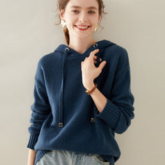 Women's Cashmere Wool Blend Ribbed Cuffs Pullover Sweater Hoodie