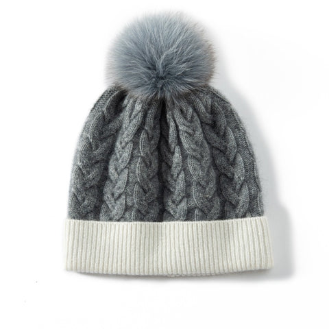 Women′s Cashmere Knitted Warm Thicken Chunky Cable Beanie Hat with Fur Pom Pom