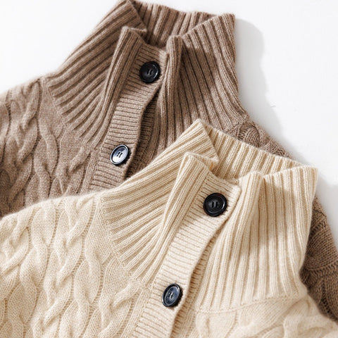 Women's Chunky Cable Knit Cashmere Cardigan Button-Up High Neck Sweater