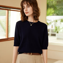 100% Cashmere Half Sleeve Crewneck Pullover Thin Sweater