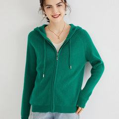 Knit Zip Up Sweater 100% Cashmere Cardigan with Drawstring Hood