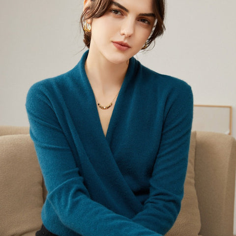 V-Neck Knit Top Wrap-Front Crossover Collar Pullover Pure Cashmere Sweater