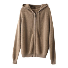 Knit Zip Up Sweater 100% Cashmere Cardigan with Drawstring Hood