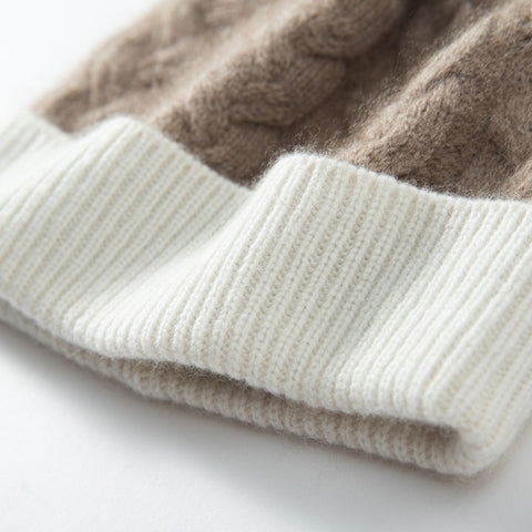 Women′s Cashmere Knitted Warm Thicken Chunky Cable Beanie Hat with Fur Pom Pom