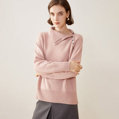 Asymmetric Button Detail Knit 100% Cashmere Turtleneck Sweater