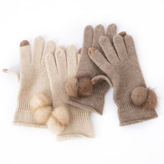 100% Cashmere Touchscreen Mittens Fur Gloves with Pom Pom