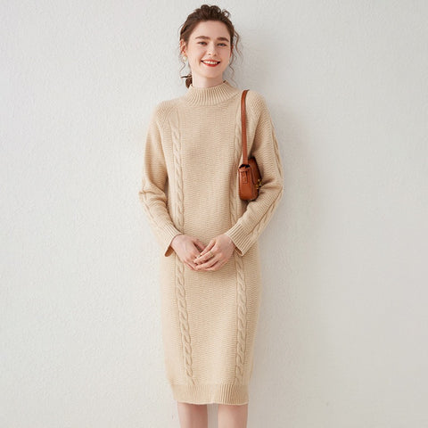 Wool Cashmere Mock Neck Casual Cable Knit Sweater Midi Dress Cashmere Life Wool Cashmere Mock Neck Casual Cable Knit Sweater Midi Dress Cashmere Life