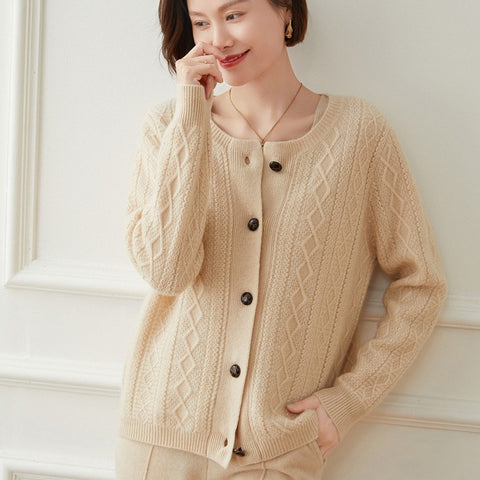 Women's Crew Neck Button Down Twisted Cashmere Cable Knit Cardigan Sweater Jacket