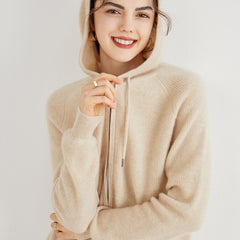 Knit Zip Up Sweater 100% Cashmere Cardigan with Drawstring Hood