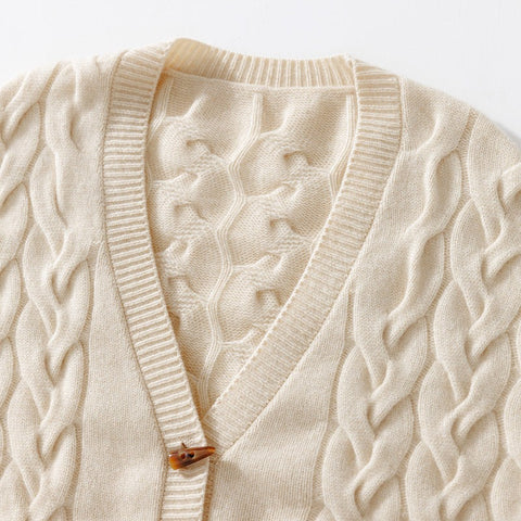 Women's 100% Cashmere Cable Knit Cardigan V-Neck Button Front Loose Knitwear