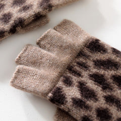100% Cashmere Knit Half Finger Leopard Print Fingerless Gloves